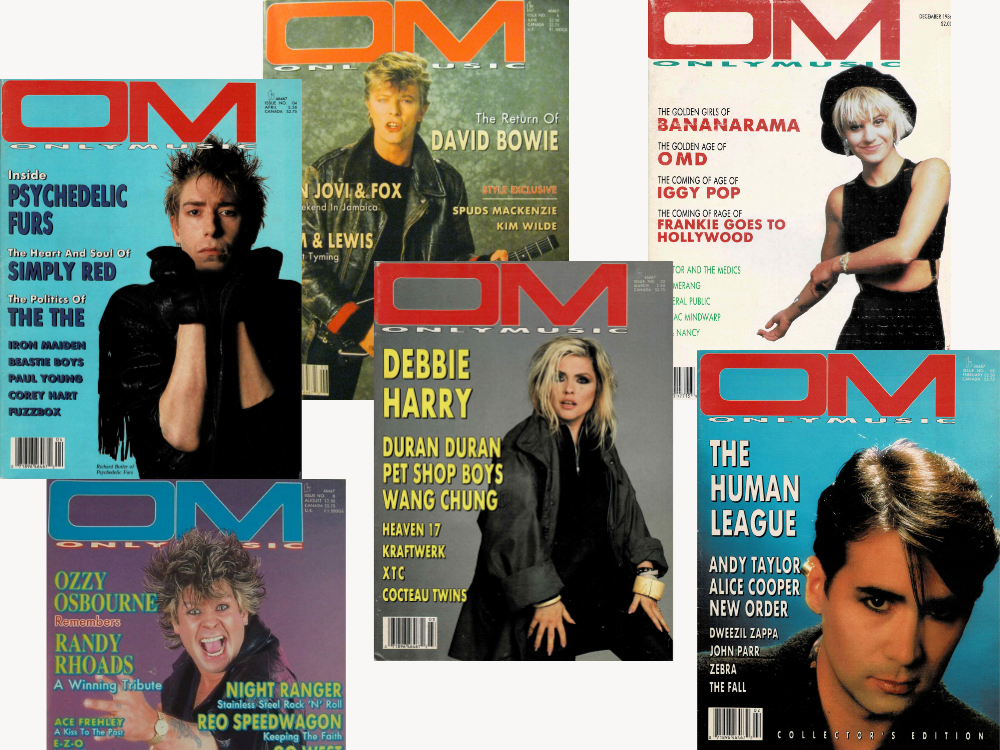 OM magazine covers from the 1980s, each featuring colored OM logo with a musician or band on the cover and coverline text listing featured artists.