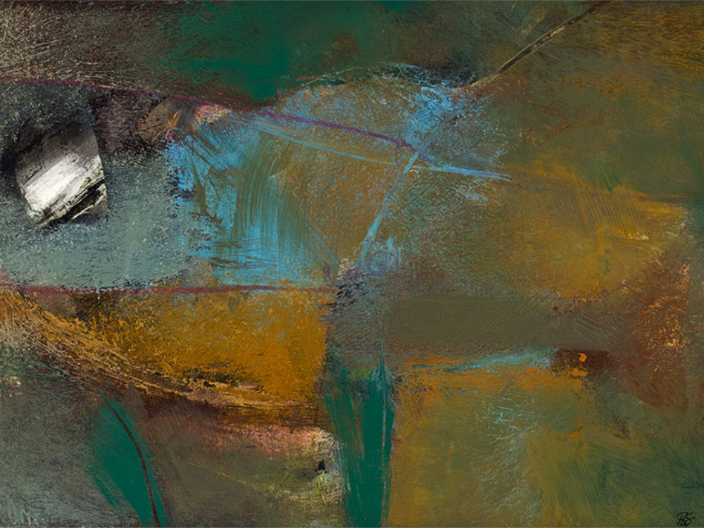 Abstract painting in deep teal and ochre with a pale luminous form and fine linear marks.