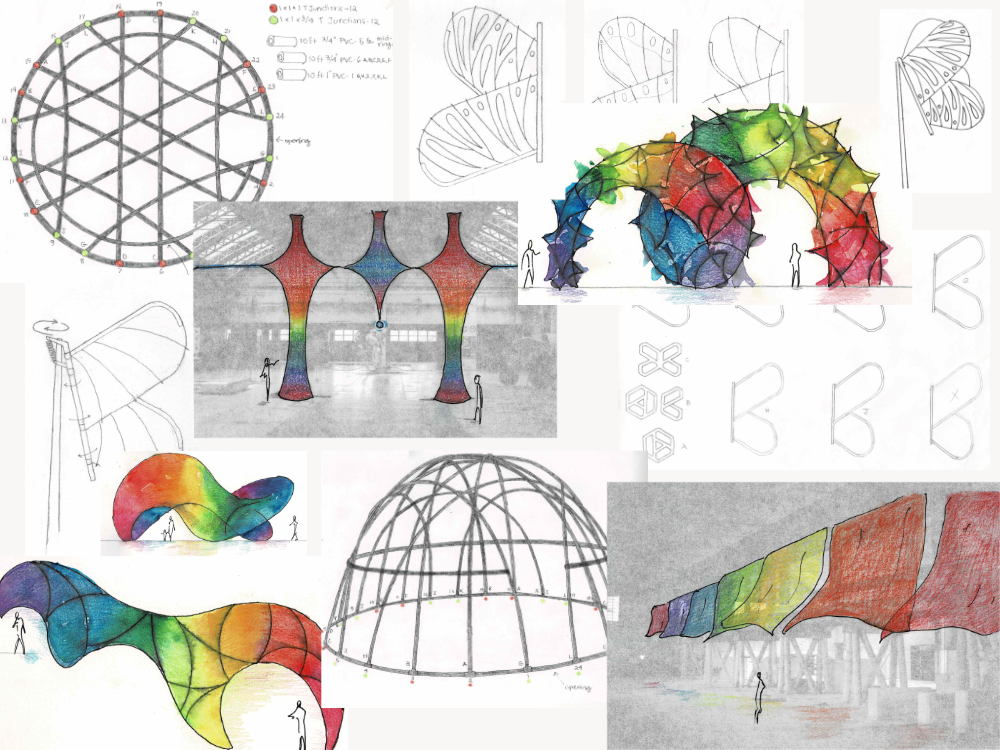 Conceptual illustrations for site-specific installations, including watercolor and colored pencil renderings of arched sculptural forms, pencil sketches of butterfly wing structures, and pen-and-ink diagrams of geodesic dome and structural framework concepts.