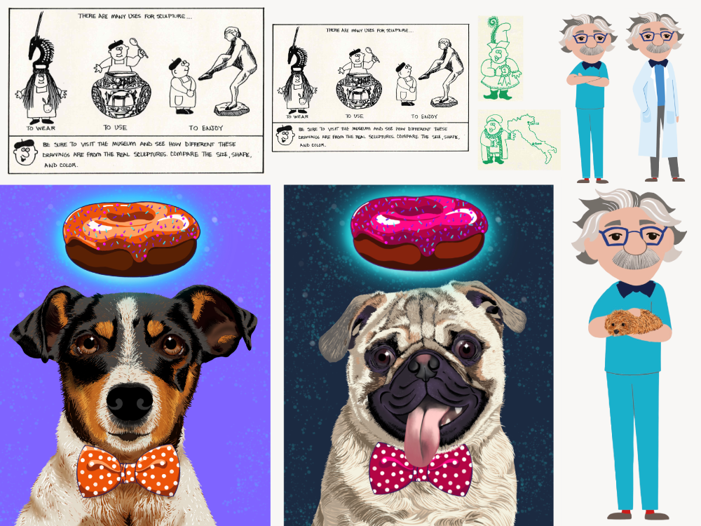 Character designs including a mascot figure used in museum brochure illustrations, two doctor avatars in scrubs and a lab coat, and a profile-picture series of dog portraits wearing bow ties with a donut illustration above each.