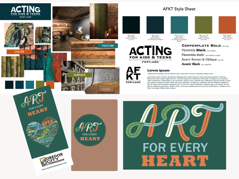 Top: an acting studio brand mood board and style sheet showing a dark teal, gold, and rust color palette, logo lockup, and typography pairings alongside textured photo references. Bottom: "Art for Every Heart" branding, including a heart-shaped word-cloud poster, a circular badge mark, and the tagline in layered script and bold type.