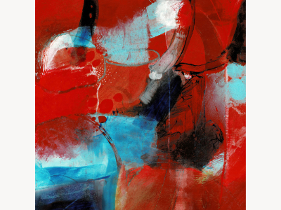 Abstract acrylic painting in bold red with turquoise and black gestural brushstrokes.