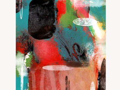 Abstract acrylic painting with a large black form, red and teal fields, and pale ellipse shapes.