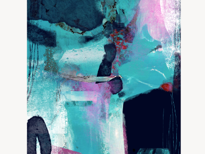Abstract acrylic painting in teal and turquoise with a navy block, pink accents, and dark textured shapes.