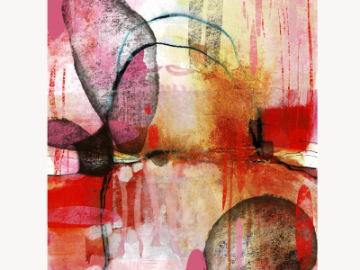 Abstract acrylic painting in pink, gold, and cream tones with a dark looping form and red vertical drips.