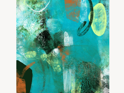 Abstract acrylic painting in teal and green with a yellow oval, orange accents, and dark circular marks.
