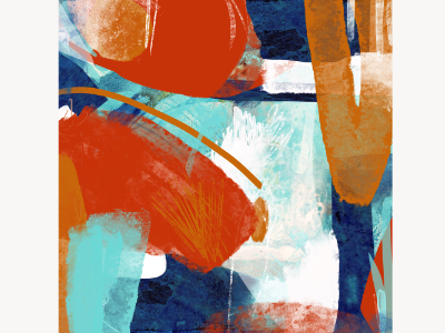 Abstract acrylic painting in red, orange, and navy with a curved orange line and teal color fields.