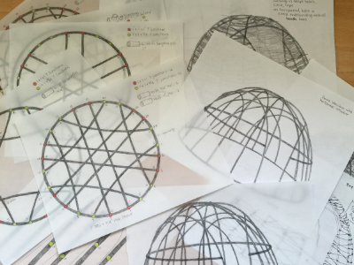 Technical sketches and diagrams for the dome's geometry and pole structure