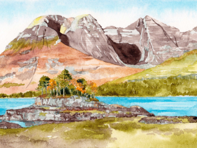 Watercolor landscape painting of Beinn Ailligin, Scotland, with a pine-covered island in turquoise water and rust-toned mountain slopes behind.