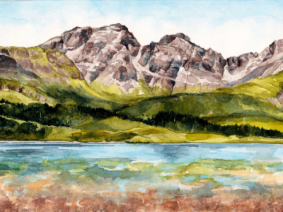 Watercolor landscape painting of Blà Bheinn, Scotland, with jagged gray peaks above green hillsides and a calm loch in the foreground.