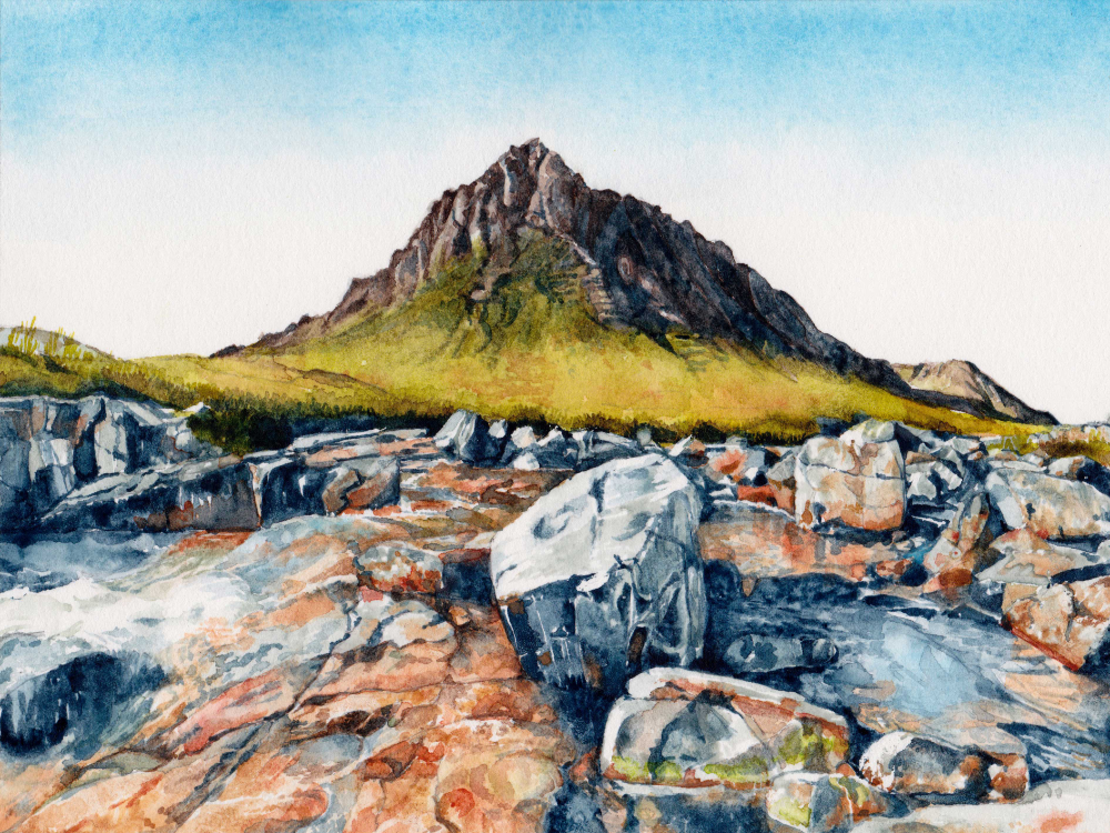 Watercolor landscape painting of Buachaille Etive Mòr in Glencoe, Scotland, with a foreground of red-toned rocky terrain leading to a grassy slope and the mountain's peak against pale sky.