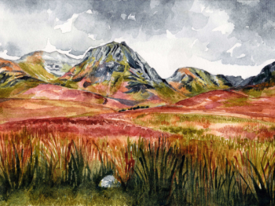 Watercolor landscape painting of Sgurr an Fhuarail and Ciste Dhubh, Scotland, with snow-dusted peaks above rust-colored hills and a blue loch.