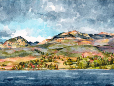 Watercolor landscape painting of Loch Katrine, Scotland, with autumn-colored hills and shoreline trees beneath a cloudy sky.