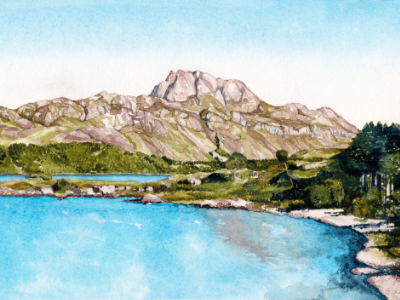 Watercolor landscape painting of Loch Maree, Scotland, with turquoise water, a forested shoreline, and a distant mountain reflected on the surface.