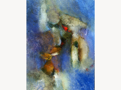 Abstract figurative painting in blue tones, a warm earth-toned figure emerging from a deep blue ground with a small red accent.