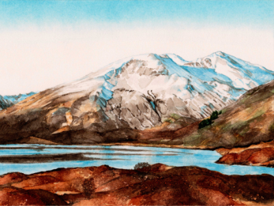 Watercolor landscape painting of Sgurr an Fhuarail and Ciste Dhubh, Scotland, with snow-dusted peaks above rust-colored hills and a blue loch.