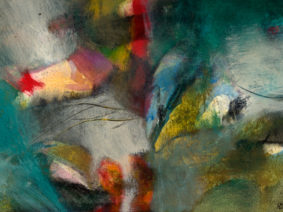 Abstract painting in teal, red, and gold with fragmented color shapes and loose linear marks.