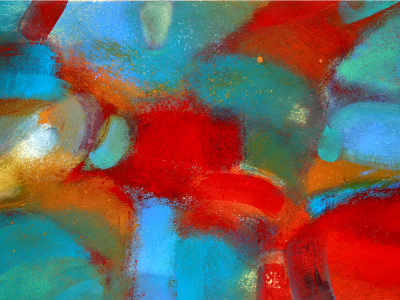 Abstract painting in warm red, orange, and turquoise tones with broad gestural color fields.