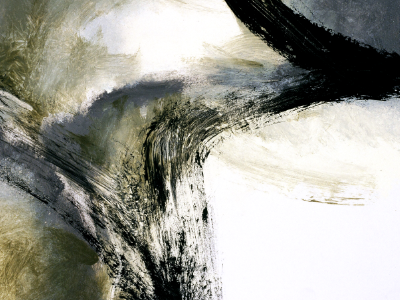 Abstract painting in black, white, and pale gold with sweeping calligraphic brushwork.