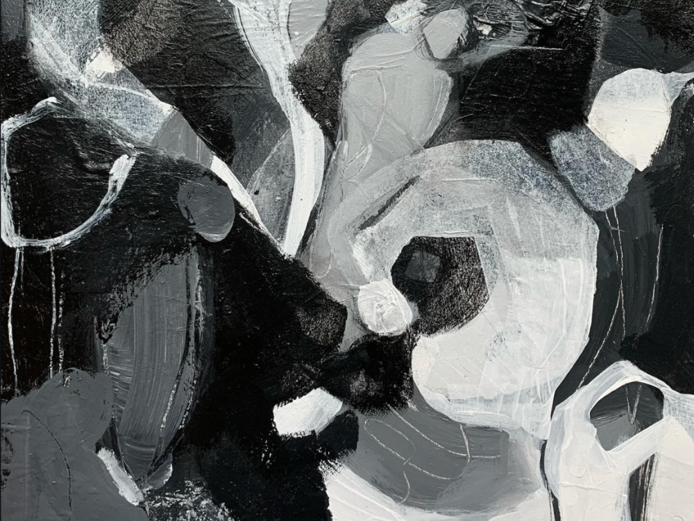 black and white abstract painting with lines, cirlces, and plant like forms.