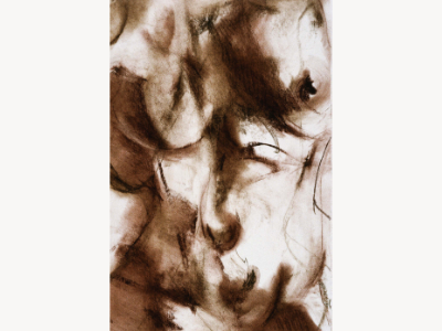 Sepia-toned charcoal drawing, close view of a woman's torso rendered in flowing, hair-like linear marks.