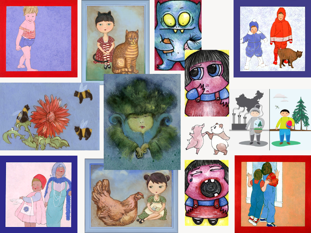 A collage of children's illustrations featuring stylized child portraits, a girl seated with a cat, whimsical monster characters, kids in winter clothing, a floral still life with bees, dancing animal characters, and other storybook-style figures in mixed media.