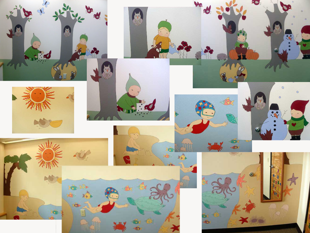 Photos of a pediatric office mural series showing woodland tree scenes with children, animals, and seasonal details (a snowman, pumpkins, an owl in a tree hollow), alongside a separate underwater-themed mural with a child swimmer, sea turtle, fish, and coral.