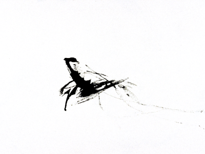 Abstract figurative ink drawing, a spare calligraphic brush mark on white ground suggesting the curve of a hip joint.
