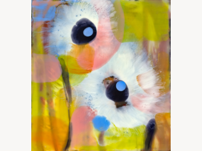 Encaustic painting in yellow and coral tones, white dandelion-like blooms with dark navy centers.