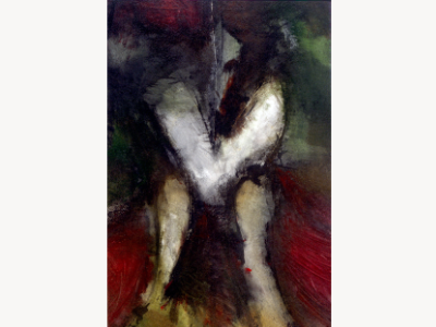 Dark abstract figurative painting, a pale kneeling figure against black and deep red drapery.