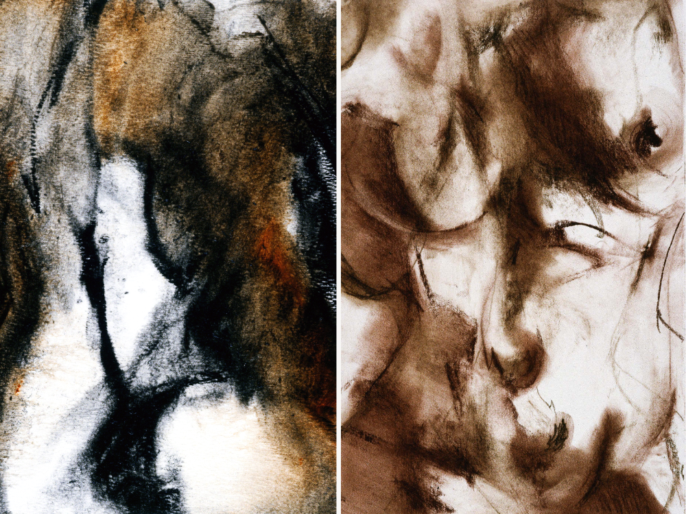 Mixed medium abstract figurative piece, a pale central figure divided by a dark vertical line against a warm fragmented ground (left side) Sepia-toned charcoal drawing, close view of a woman's torso rendered in flowing, hair-like linear marks (right side)