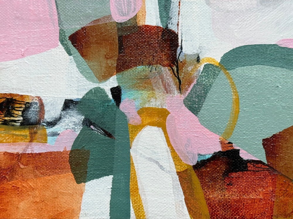 abstract acrylic painting in rusts, pinks and greens with black ink lines.
