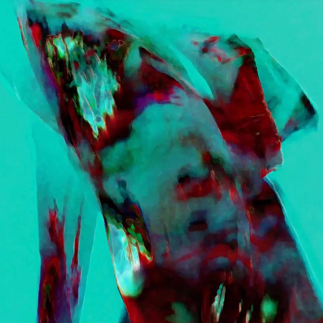still image from a video in reds and blacks with turquoise background.