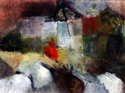 Abstract painting in muted earth tones with a dark structural form, a red accent, and pale foreground shapes.