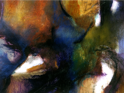 Abstract painting in deep blue, green, and gold with dark dramatic contrasts and a pale glowing form.