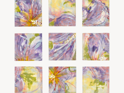 Nine-panel encaustic painting in lavender and purple tones, a hibiscus bloom with fine linework across the grid.