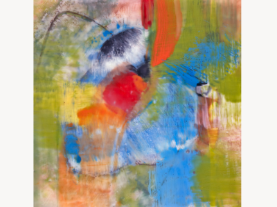 Encaustic painting in blue, orange, and black with abstracted poppy forms against an olive-yellow ground.