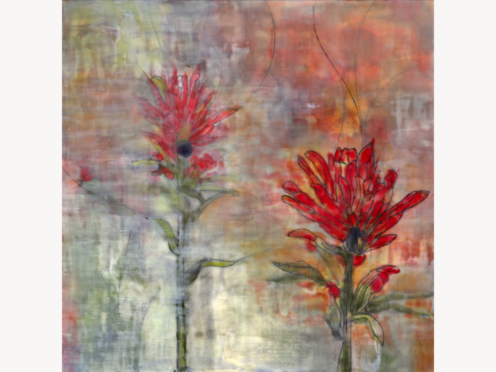 Encaustic painting of two red Indian paintbrush flowers with detailed linework against a warm, hazy ground.