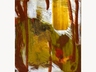 Encaustic painting in rust, gold, and olive with vertical drip marks and a textured golden panel.