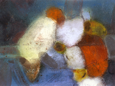 Abstract painting in warm white, orange, and yellow rounded color forms against a blue ground.
