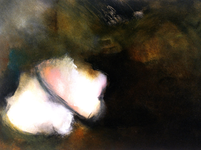 Abstract painting in dark umber tones with a luminous pale form emerging from shadow.