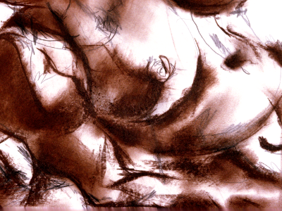 conte crayon drawing with dense, overlapping gestural marks suggesting entwined figures.