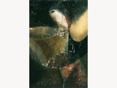 Dark abstract figurative painting with fragmented ochre and rust-toned geometric forms against a near-black ground, a pale vertical figure emerging at upper right.