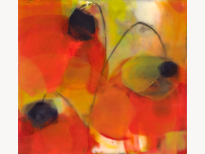 Encaustic painting in red and orange with circular poppy blooms, dark centers, and curling stem lines.