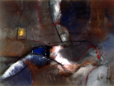 Abstract painting in deep blue and rust tones with a pale glowing form and fine red linear marks.