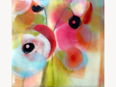 Encaustic painting in soft pink, blue, and red with layered floral blooms against a pale yellow-green ground.