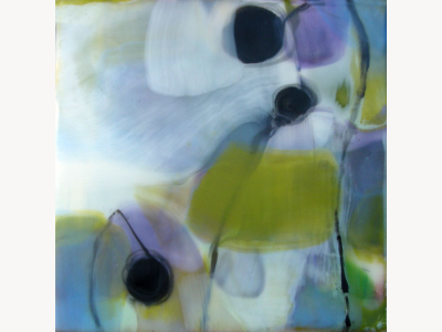 Encaustic painting in pale olive and lavender with dark seed-pod forms and fine linear stems.