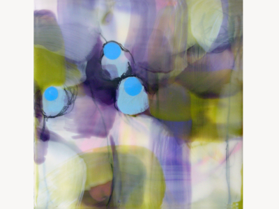 Encaustic painting in olive and lavender with three bright blue seed-like forms clustered together.