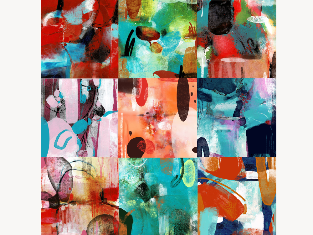 Grid of nine abstract acrylic paintings digitally enhanced, in a mix of red, teal, orange, and pink palettes with organic shapes and gestural brushwork.
