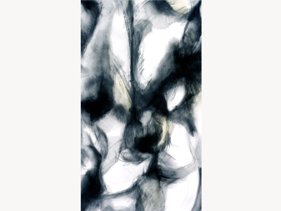 Black and white charcoal drawing with gestural, high-contrast marks suggesting a draped or reclining figure.